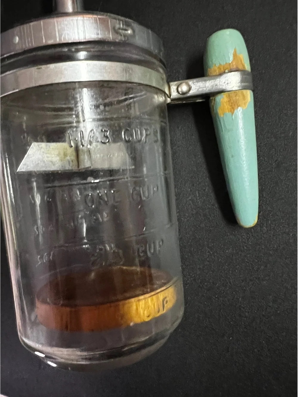 Vintage 1950’s Glass Measurements Food Chopper Metal Lid green Wooden Handle